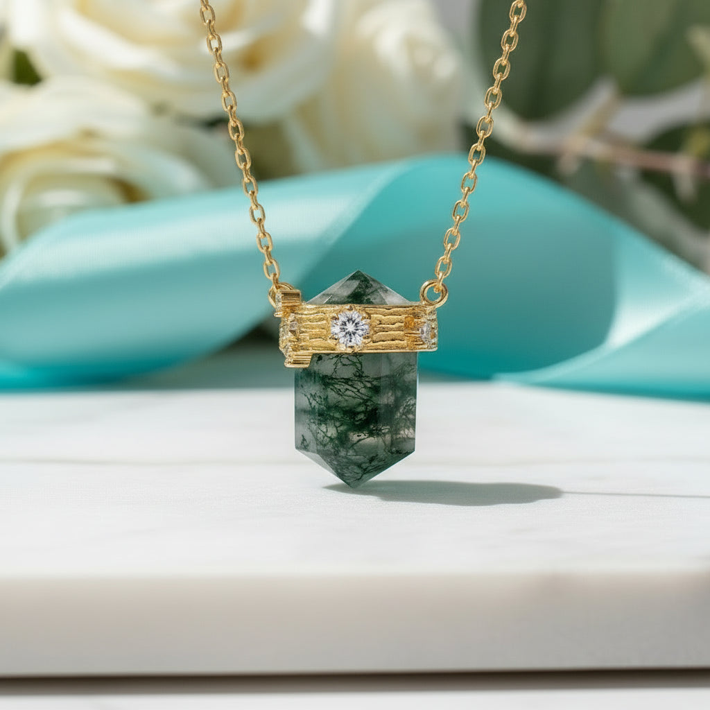 Lover's Necklace- Bullet cut Natural Moss Agate-Evani Jewelry