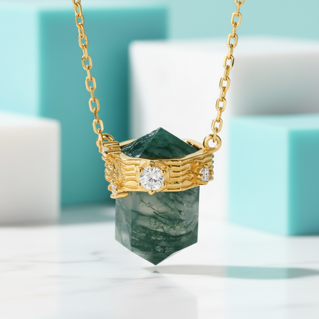Lover's Necklace- Bullet cut Natural Moss Agate-Evani Jewelry