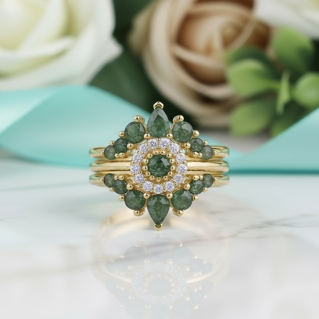 Radiant Testament- Pear Cut Three Ring Moss Agate & Natural Opal-Evani Jewelry