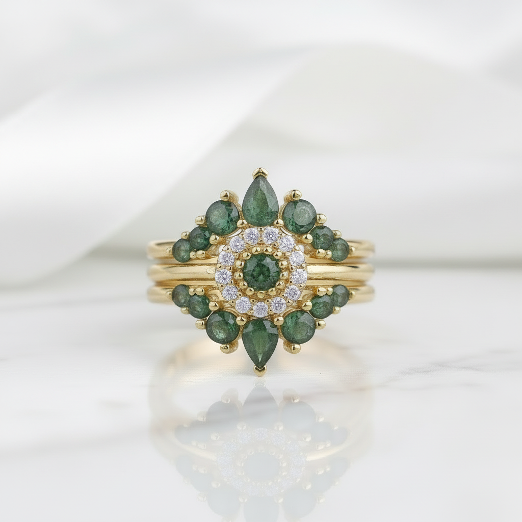 Radiant Testament- Pear Cut Three Ring Moss Agate & Natural Opal