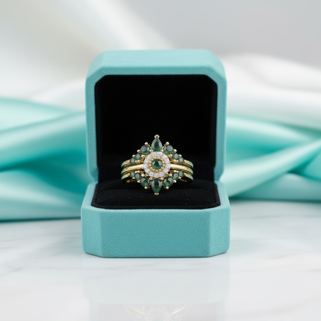 Radiant Testament- Pear Cut Three Ring Moss Agate & Natural Opal - Evani Naomi Jewelry