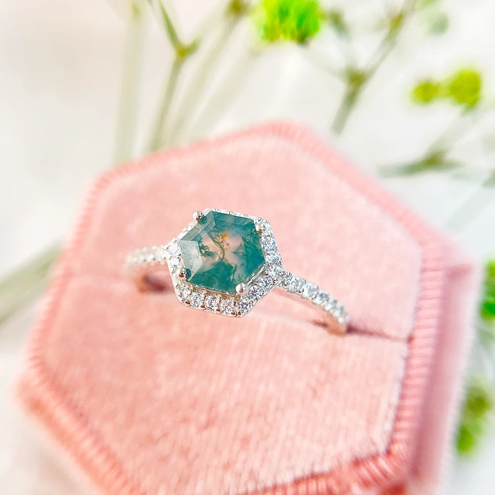 Luxyimagic 585 Rose Gold Nautral Moss Agate Gemstone Ring for Women Solid 925 Sterling Silver Ring for Wedding Engagement-Evani Naomi Jewelry