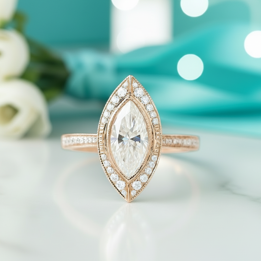 Marquise Cut 14K Rose Gold Diamond Engagement Ring-Evani Jewelry
