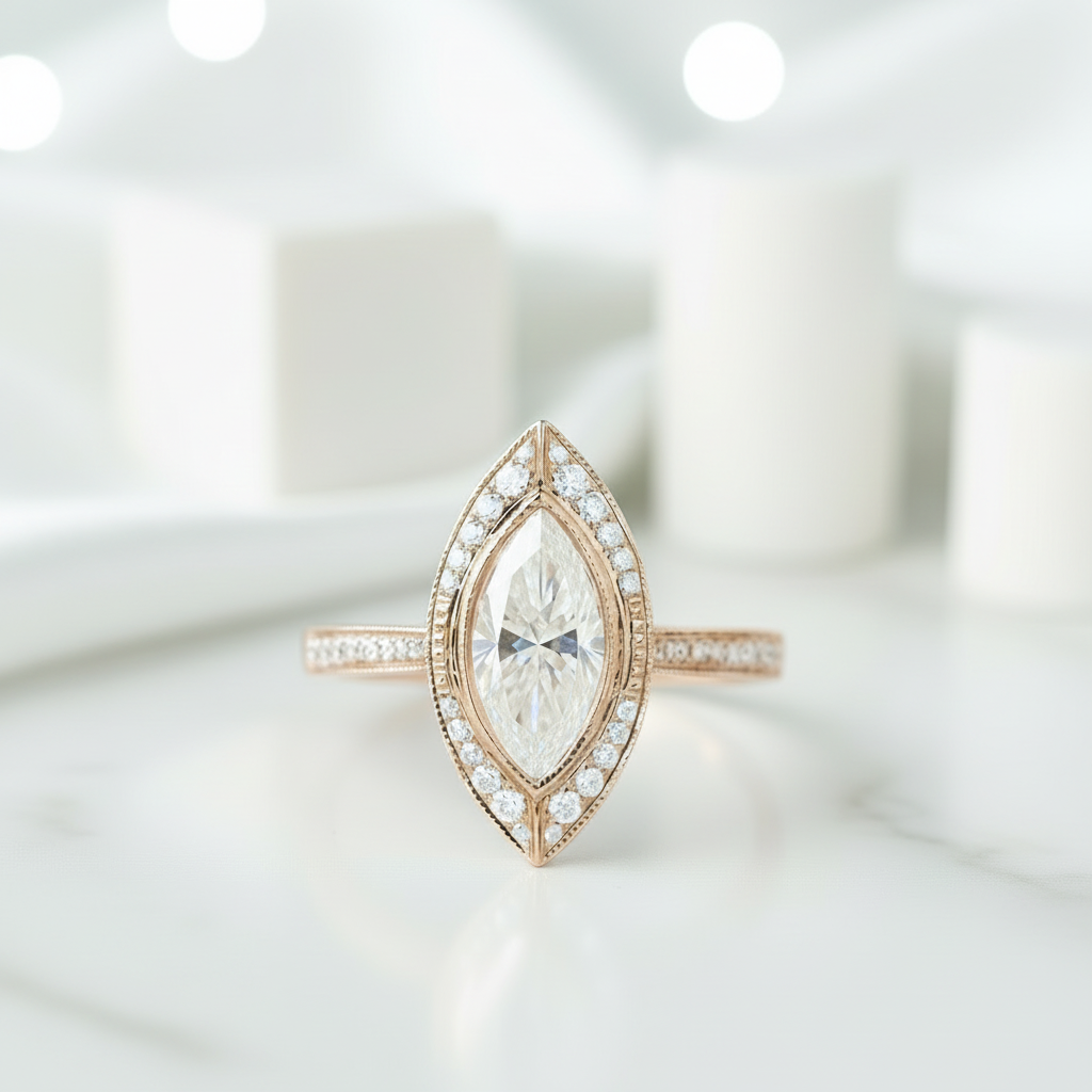 Marquise Cut 14K Rose Gold Diamond Engagement Ring-Evani Jewelry