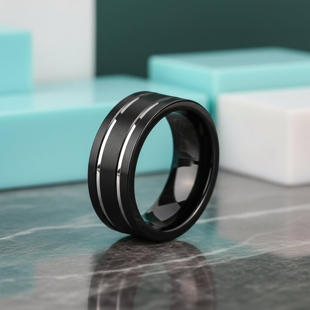 Matte Black Tungsten Wedding Band with Silver Groove-Evani Jewelry