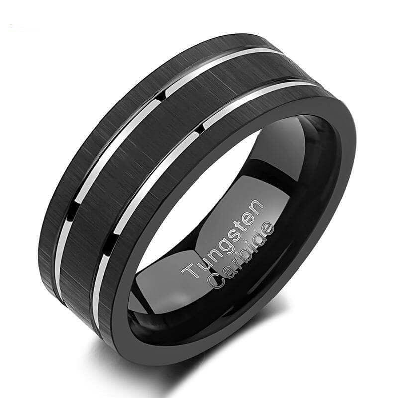 Matte Black Tungsten Wedding Band with Silver Groove-Evani Naomi Jewelry