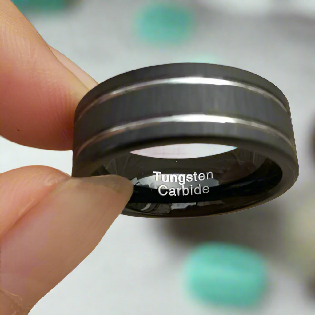 Matte Black Tungsten Wedding Band with Silver Groove-Evani Naomi Jewelry