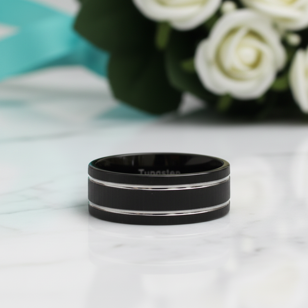 Matte Black Tungsten Wedding Band with Silver Groove-Evani Jewelry