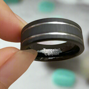 Matte Black Tungsten Wedding Band with Silver Groove-Evani Naomi Jewelry