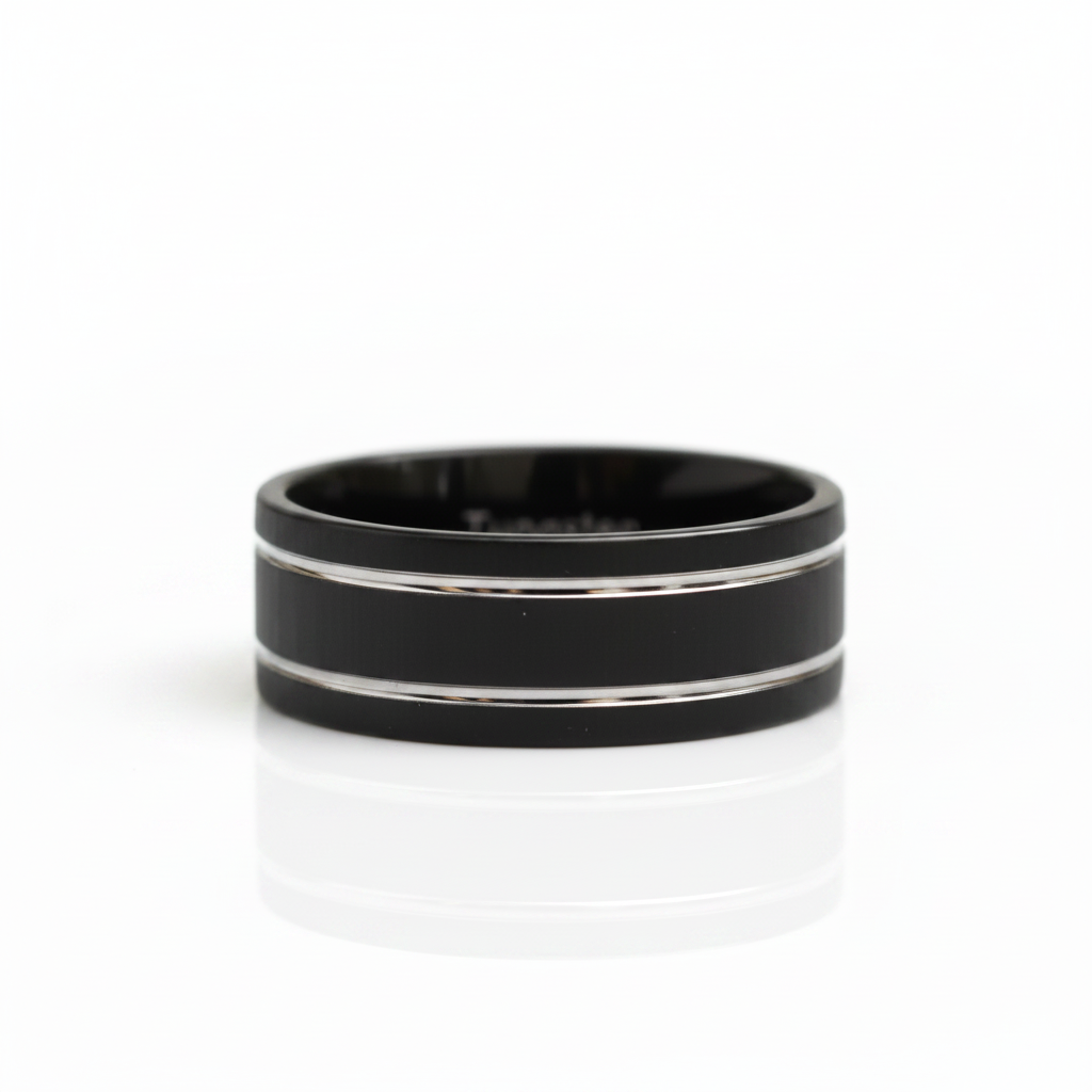 Matte Black Tungsten Wedding Band with Silver Groove - Evani Naomi Jewelry
