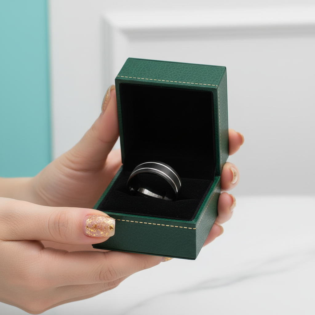 Matte Black Tungsten Wedding Band with Silver Groove - Evani Naomi Jewelry
