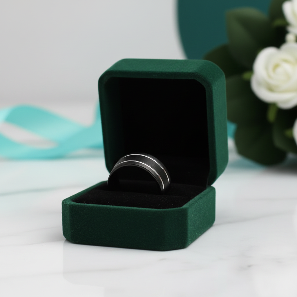 Matte Black Tungsten Wedding Band with Silver Groove - Evani Naomi Jewelry