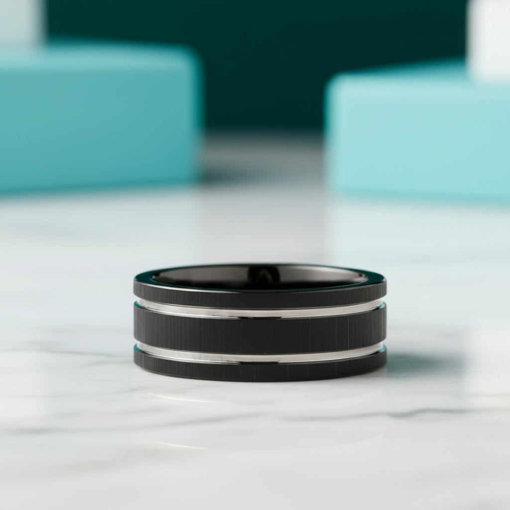 Matte Black Tungsten Wedding Band with Silver Groove-Evani Jewelry