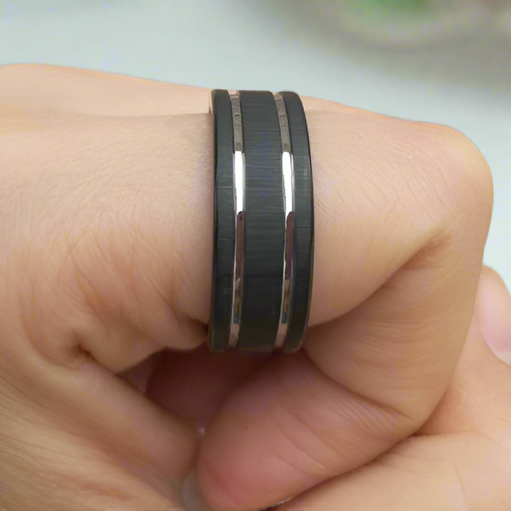Matte Black Tungsten Wedding Band with Silver Groove-Evani Naomi Jewelry