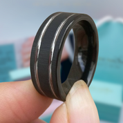Matte Black Tungsten Wedding Band with Silver Groove-Evani Naomi Jewelry