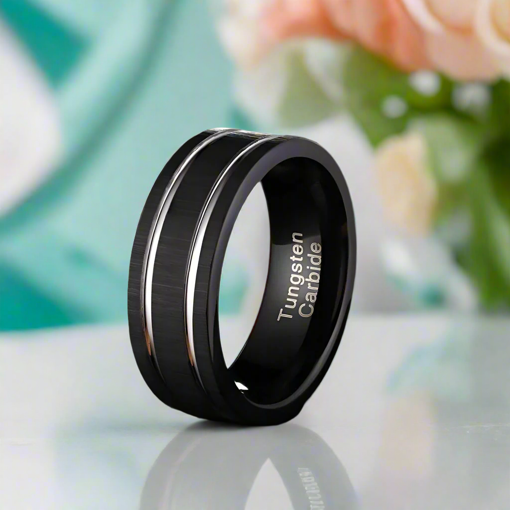 Matte Black Tungsten Wedding Band with Silver Groove-Evani Naomi Jewelry
