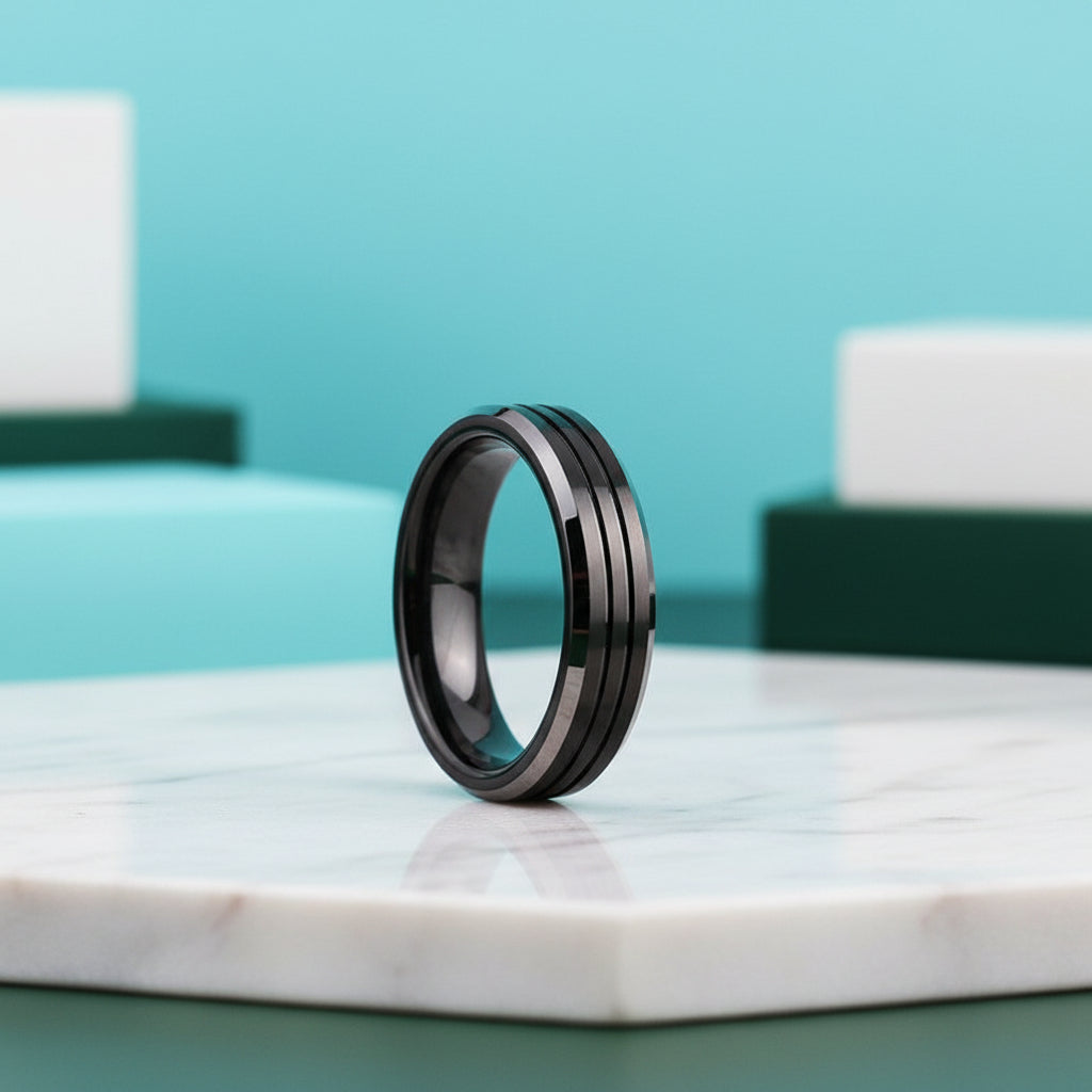 Matte Black Unisex Tungsten Wedding Band with Groove-Evani Jewelry