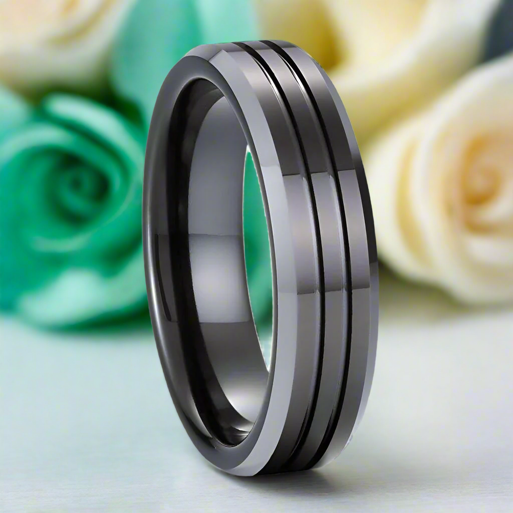 Matte Black Unisex Tungsten Wedding Band with Groove-Evani Naomi Jewelry