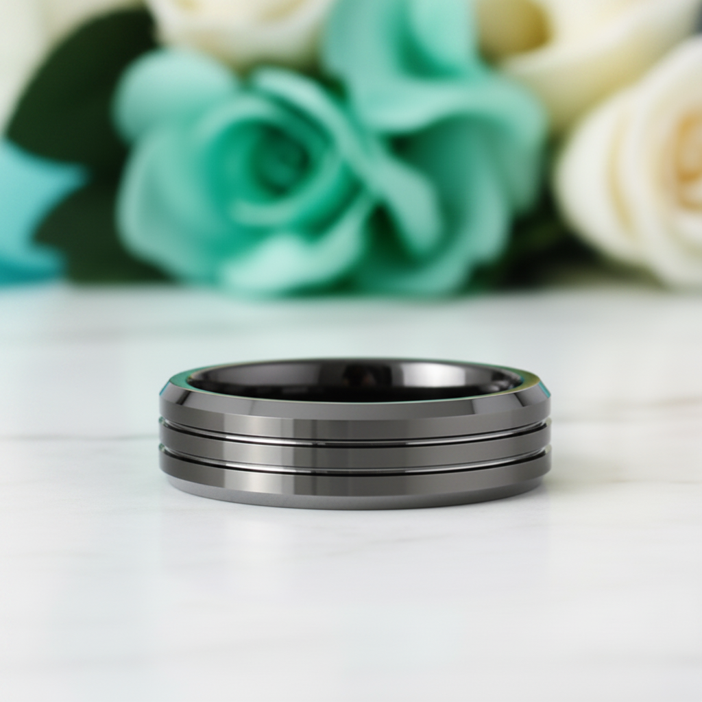 Matte Black Unisex Tungsten Wedding Band with Groove-Evani Jewelry