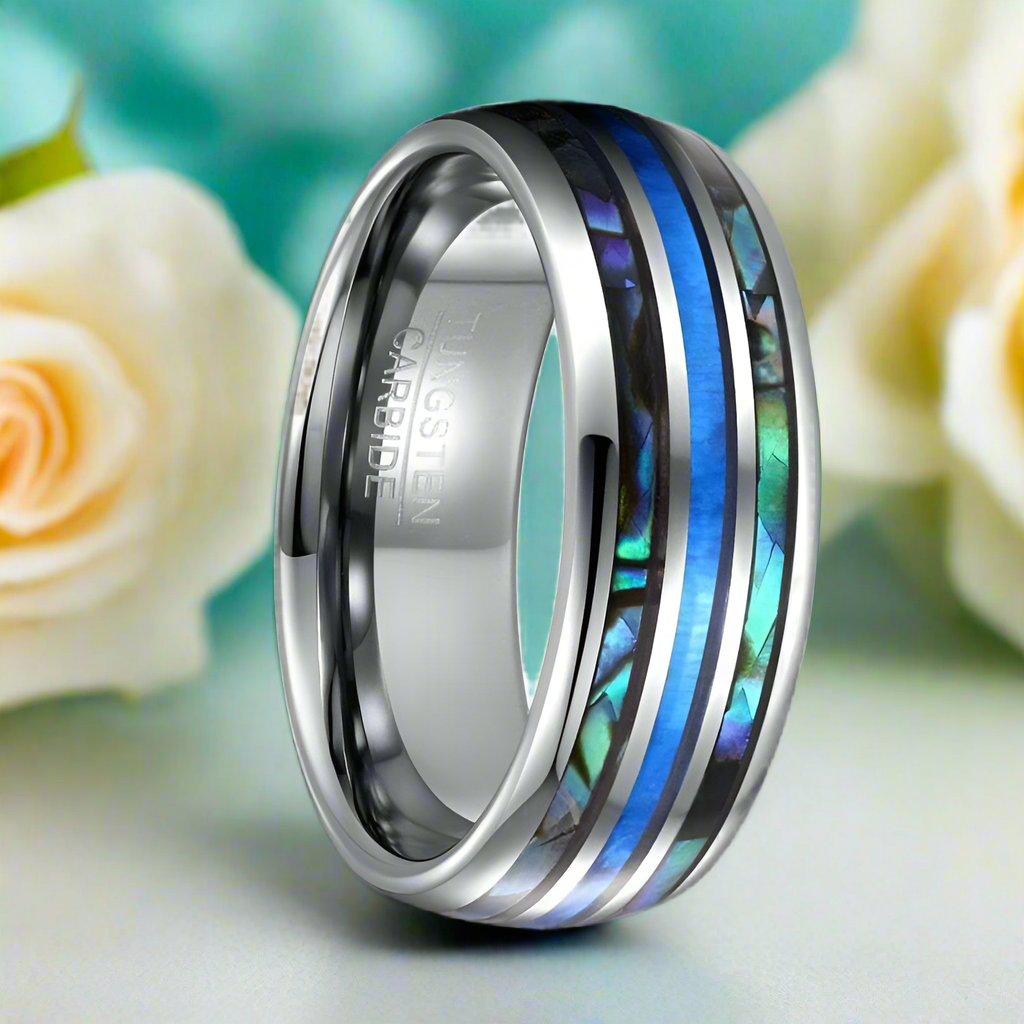 Men's Grooved Opal Tungsten Wedding Band with Abalone Shell-Evani Jewelry