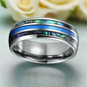 Men's Grooved Opal Tungsten Wedding Band with Abalone Shell - Evani Naomi Jewelry