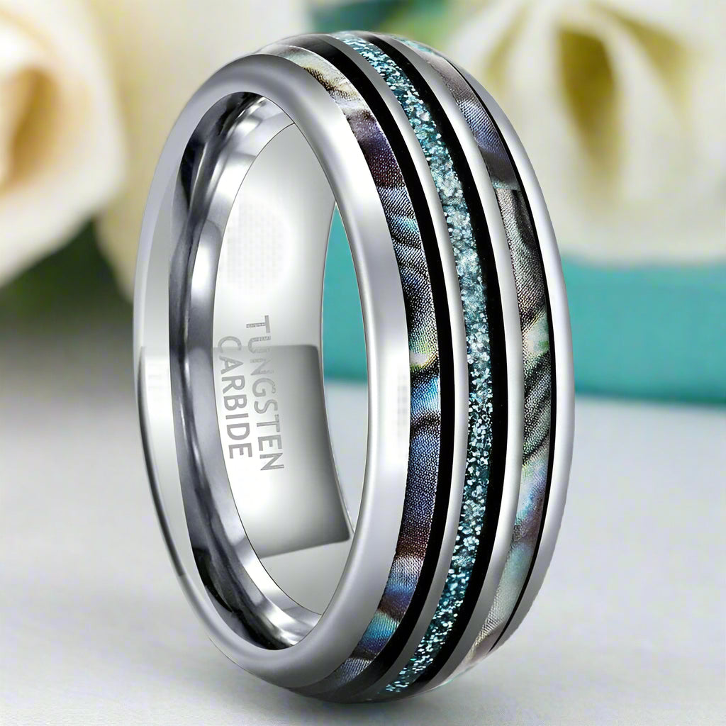 Men's Tungsten Wedding Band with Blue Opal Inlay-Evani Naomi Jewelry