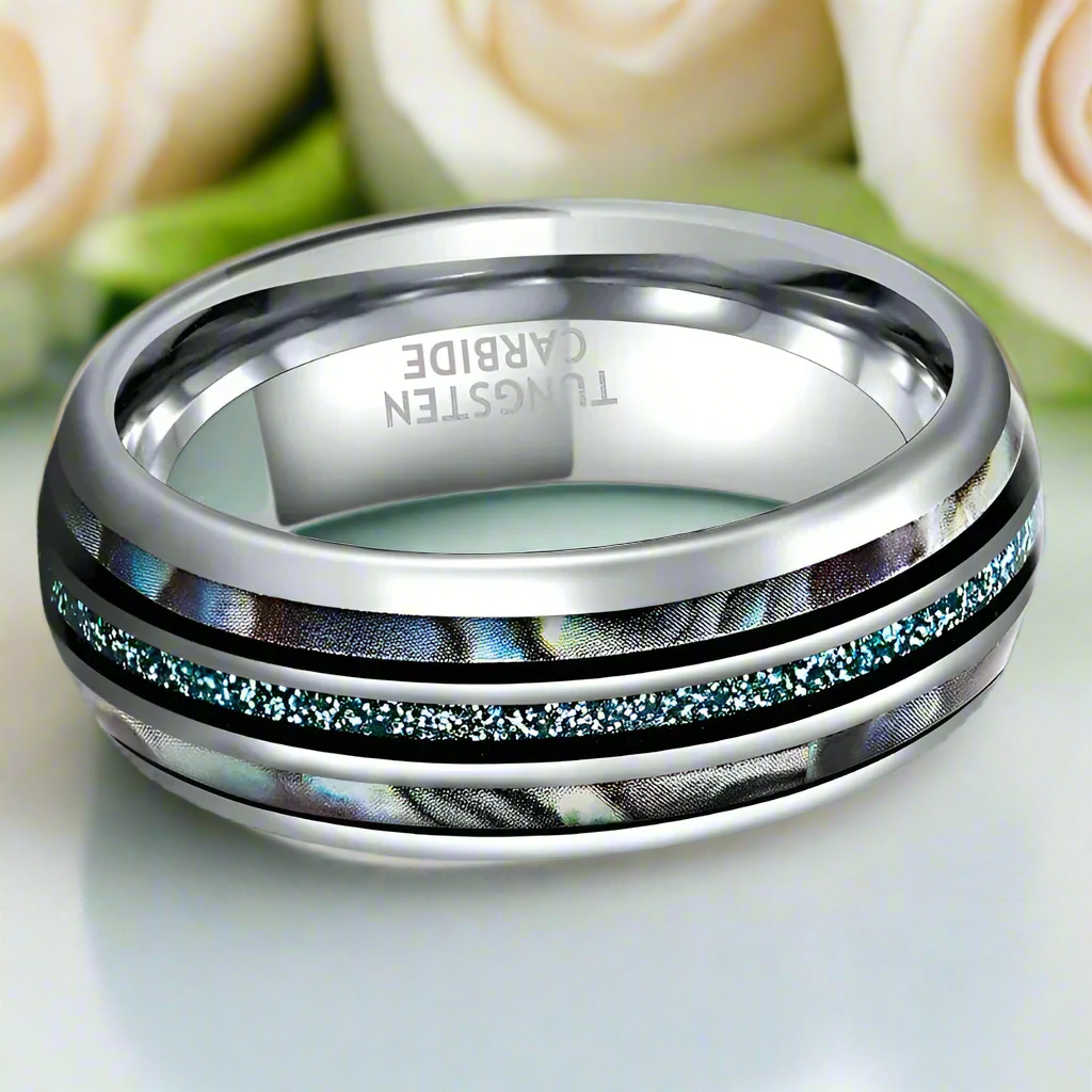 Men's Tungsten Wedding Band with Blue Opal Inlay-Evani Jewelry