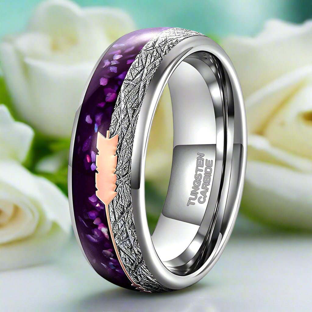 Men's Tungsten Wedding Band with Purple Agate Meteorites-Evani Naomi Jewelry