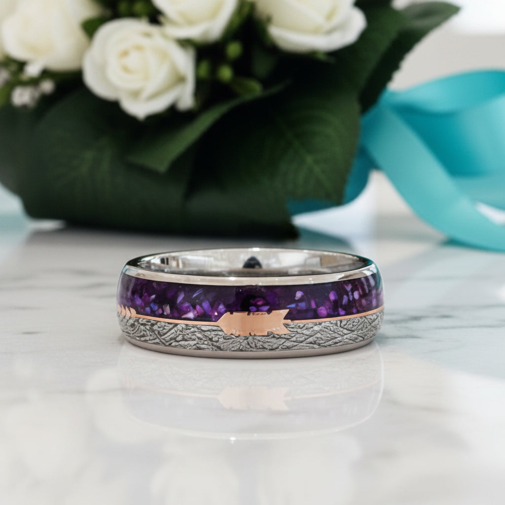 Men's Tungsten Wedding Band with Purple Agate Meteorites-Evani Jewelry