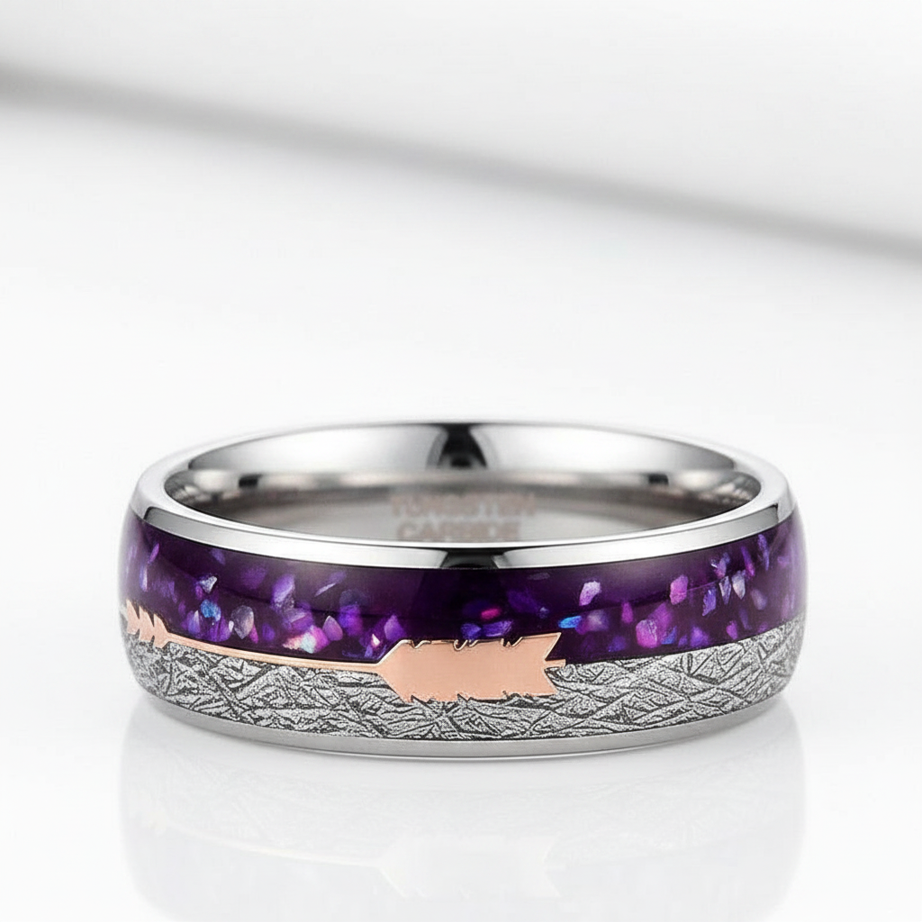 Men's Tungsten Wedding Band with Purple Agate Meteorites - Evani Naomi Jewelry