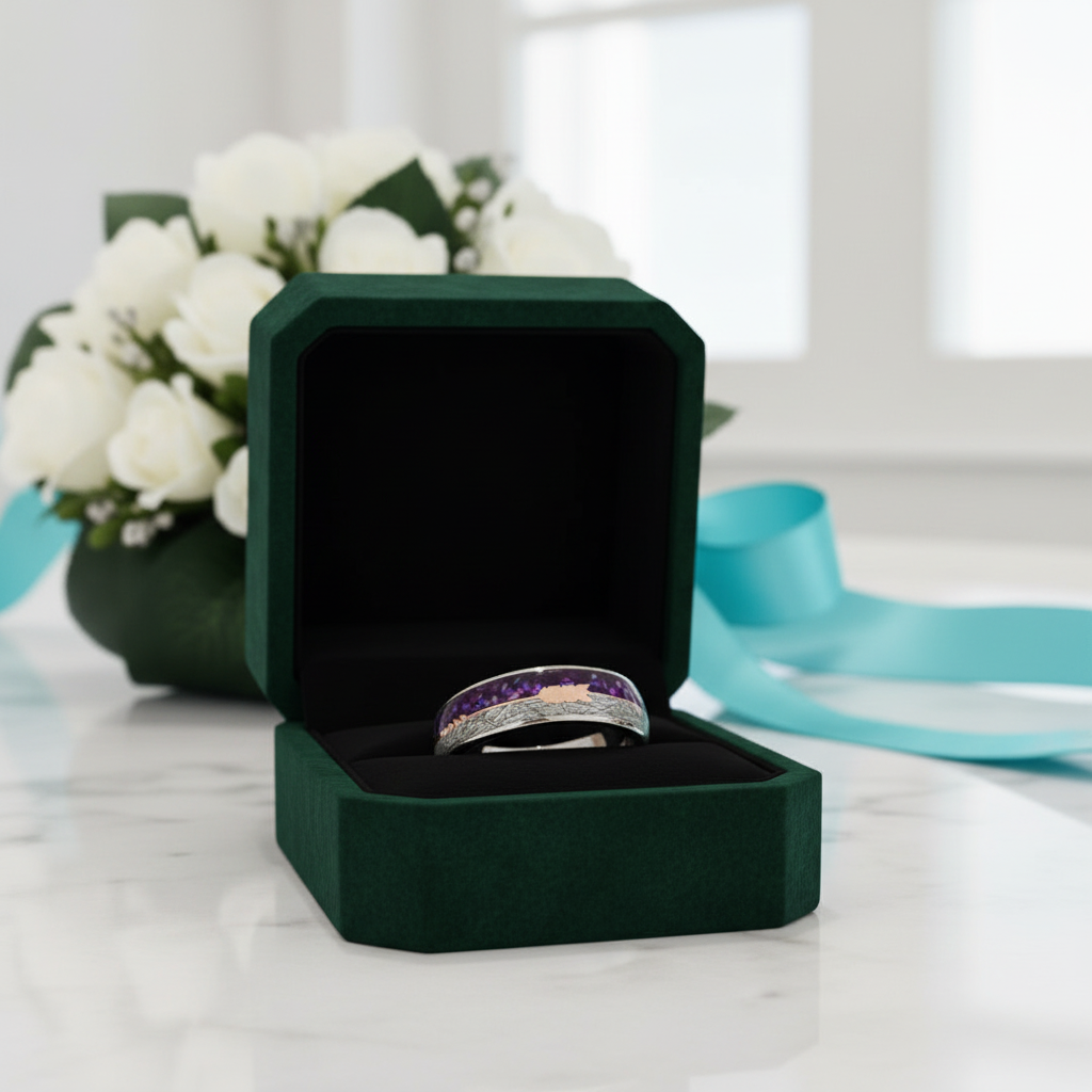 Men's Tungsten Wedding Band with Purple Agate Meteorites - Evani Naomi Jewelry