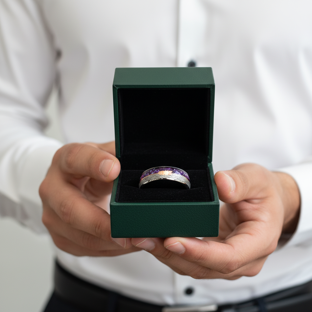 Men's Tungsten Wedding Band with Purple Agate Meteorites - Evani Naomi Jewelry