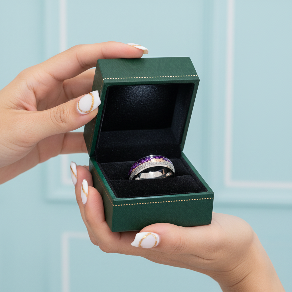 Men's Tungsten Wedding Band with Purple Agate Meteorites - Evani Naomi Jewelry