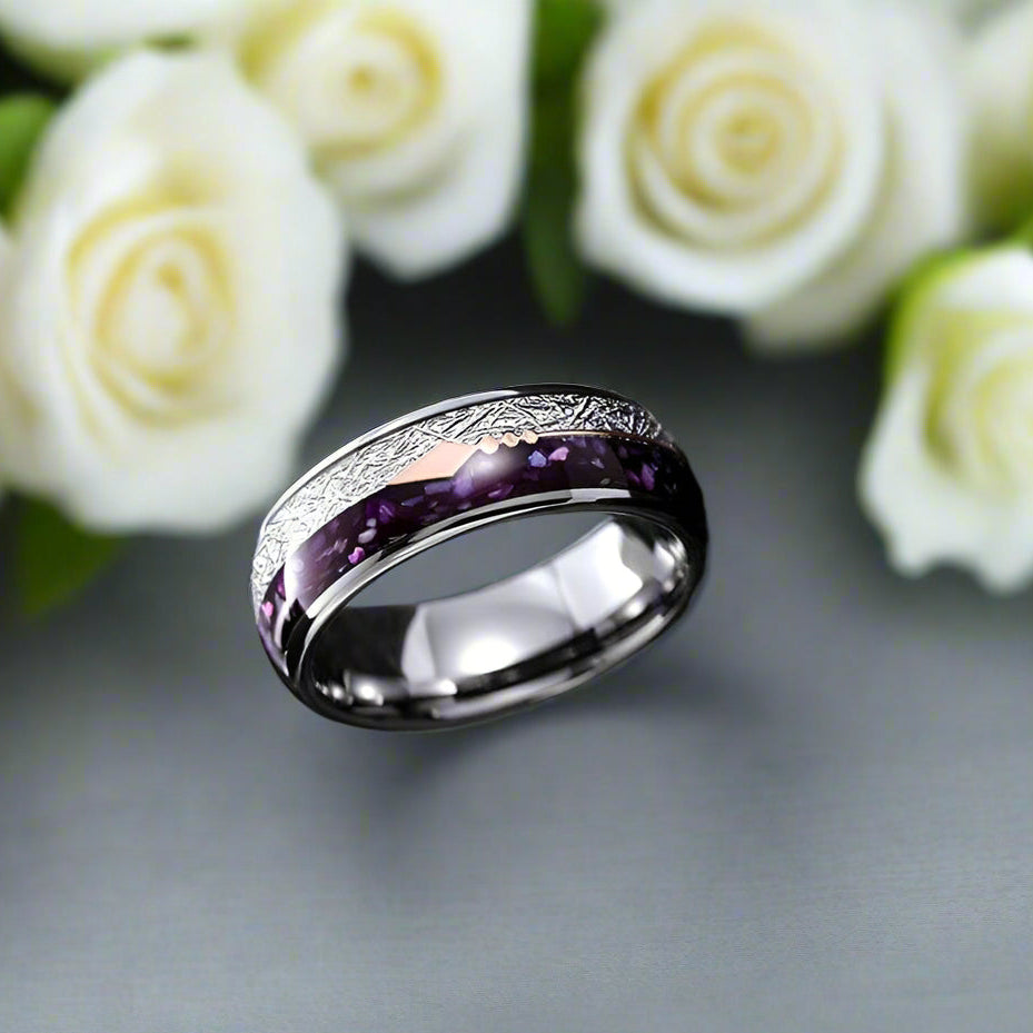 Men's Tungsten Wedding Band with Purple Agate Meteorites-Evani Naomi Jewelry