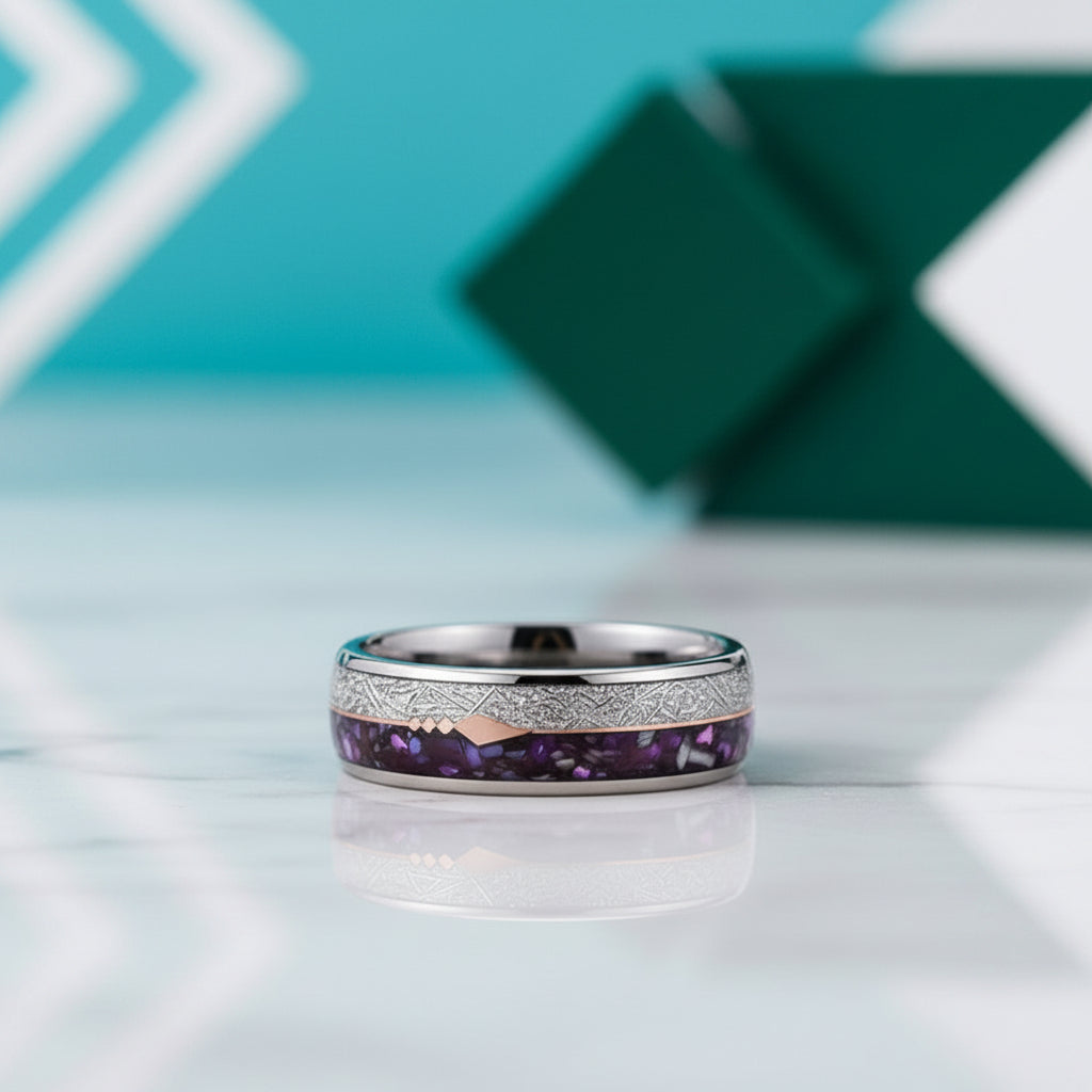 Men's Tungsten Wedding Band with Purple Agate Meteorites-Evani Jewelry
