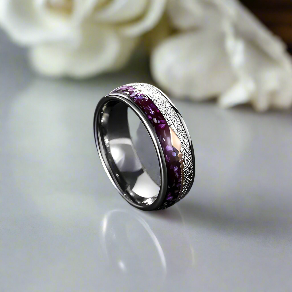 Men's Tungsten Wedding Band with Purple Agate Meteorites-Evani Naomi Jewelry