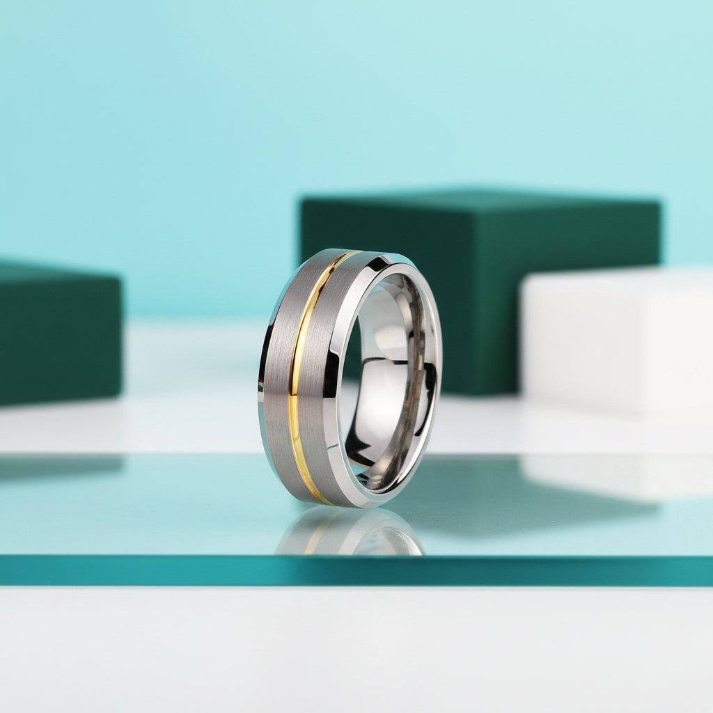 Men's Tungsten Wedding Band with Yellow Line-Evani Jewelry