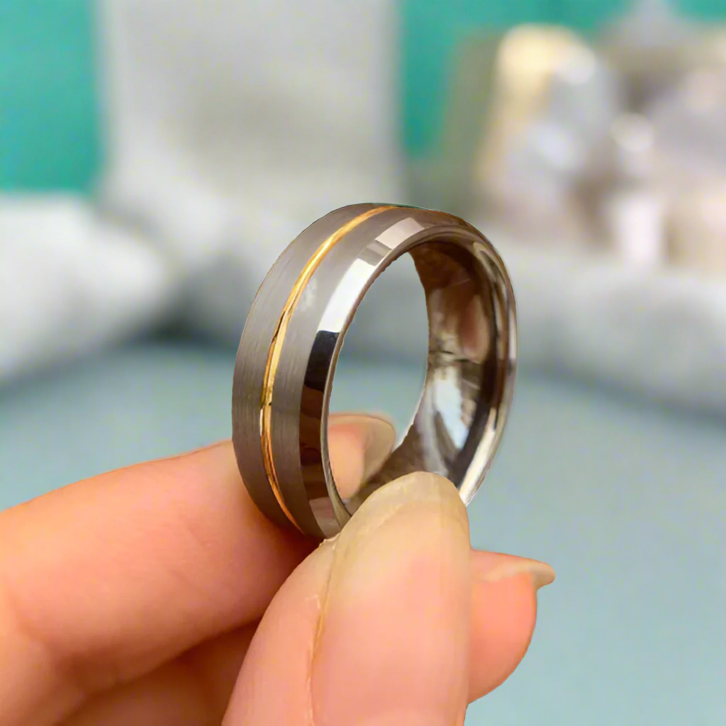 Men's Tungsten Wedding Band with Yellow Line-Evani Naomi Jewelry