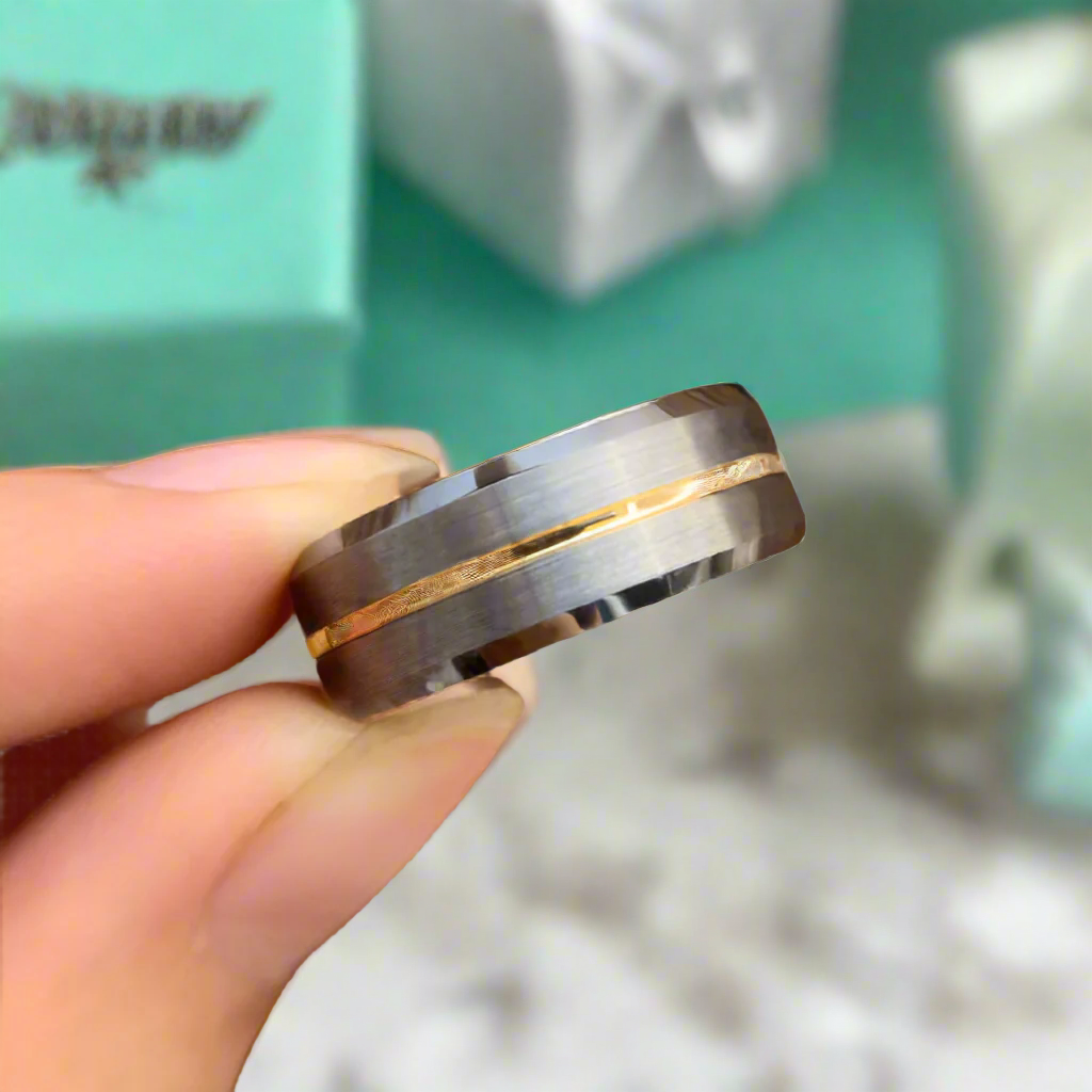 Men's Tungsten Wedding Band with Yellow Line-Evani Naomi Jewelry