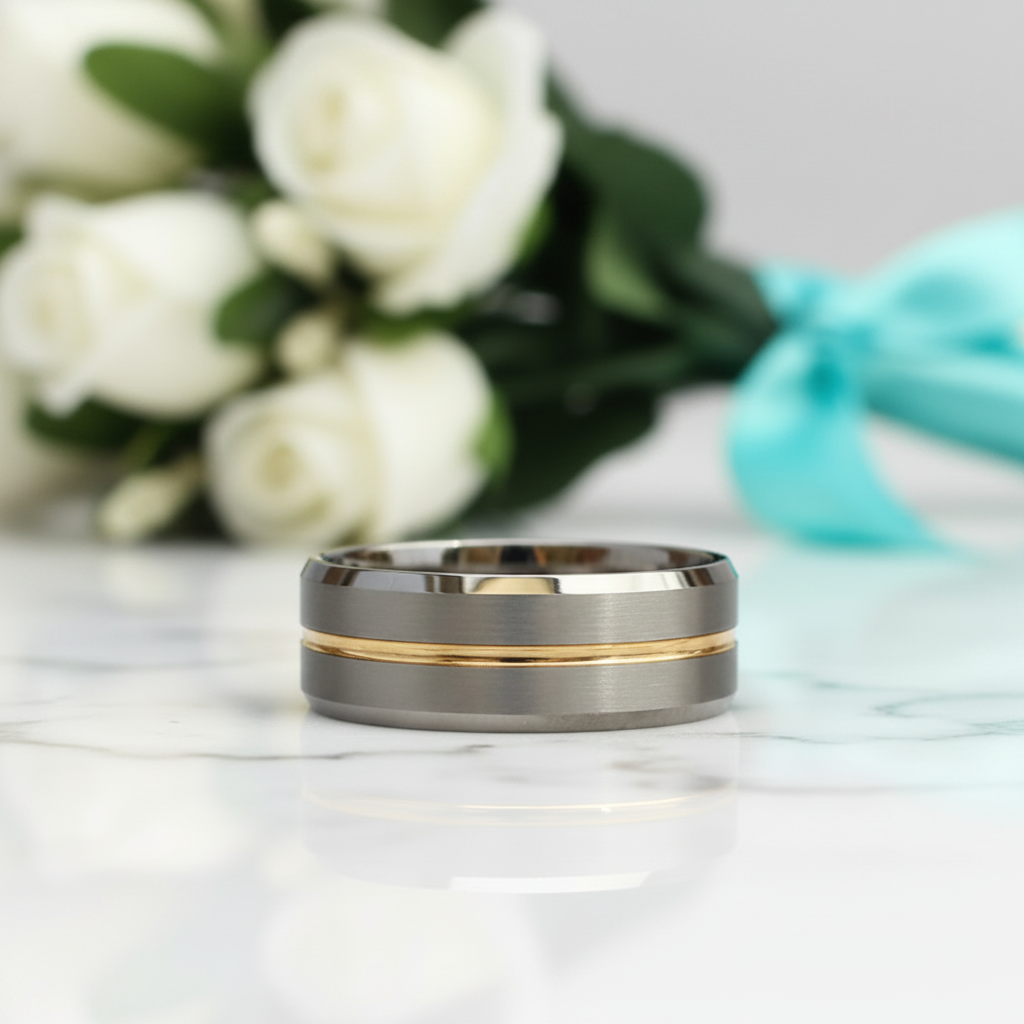 Men's Tungsten Wedding Band with Yellow Line-Evani Jewelry