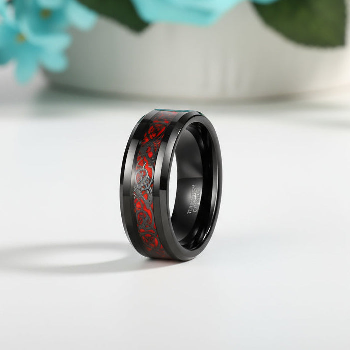 Men's Wedding Band Black Tungsten with Celtic Dragon Inlay-Evani Naomi Jewelry