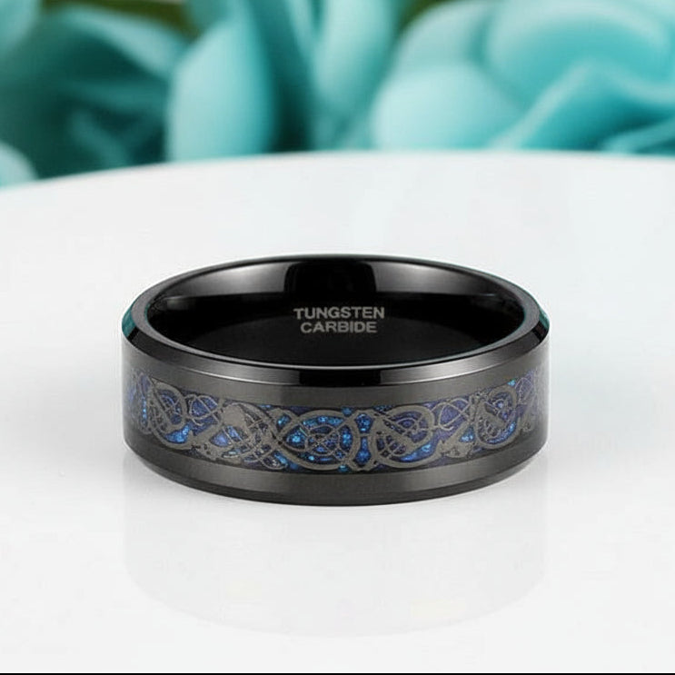 Men's Wedding Band Black Tungsten with Celtic Dragon Inlay-Evani Naomi Jewelry