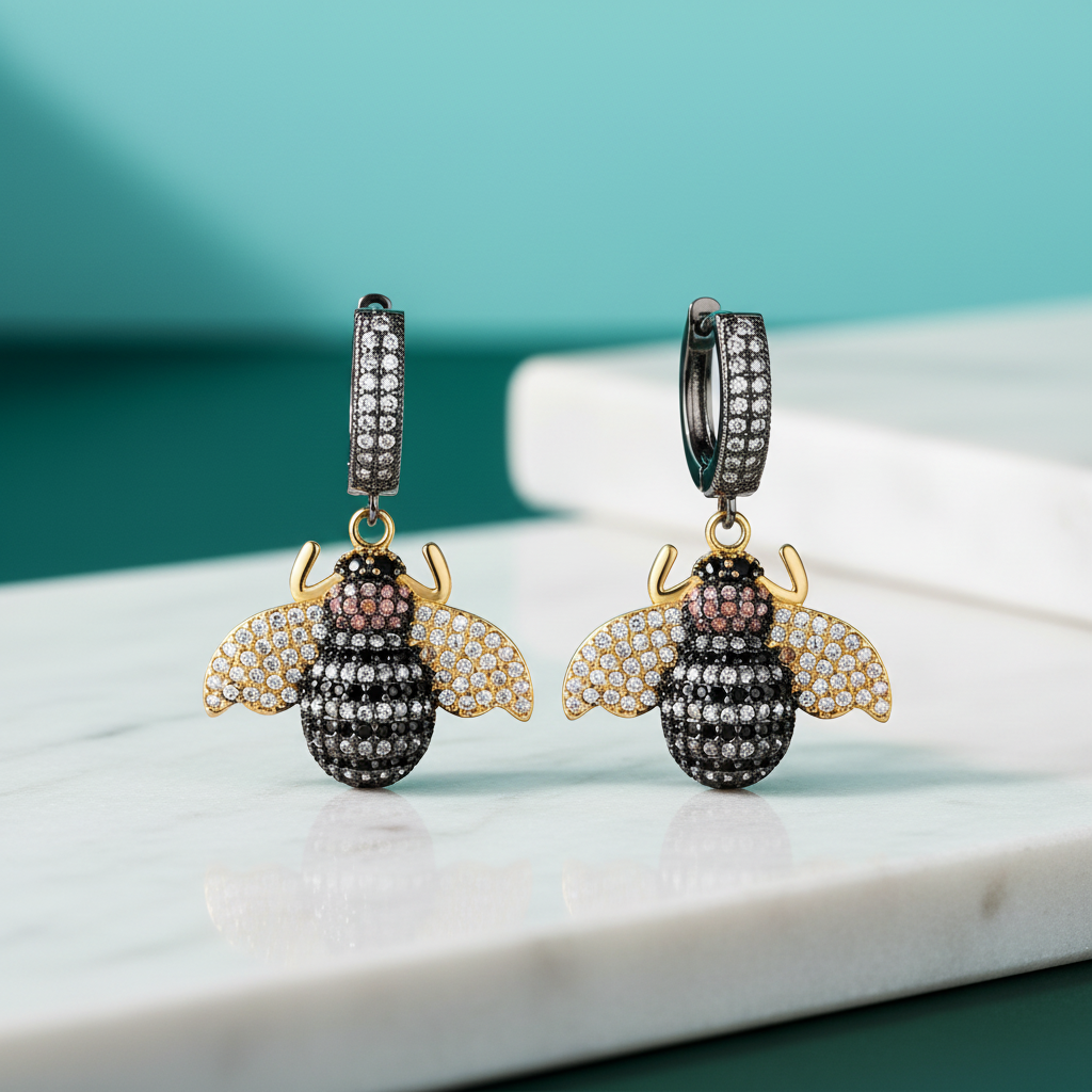 Micro Pave Diamond Golden Bee Dangle Earrings-Evani Jewelry