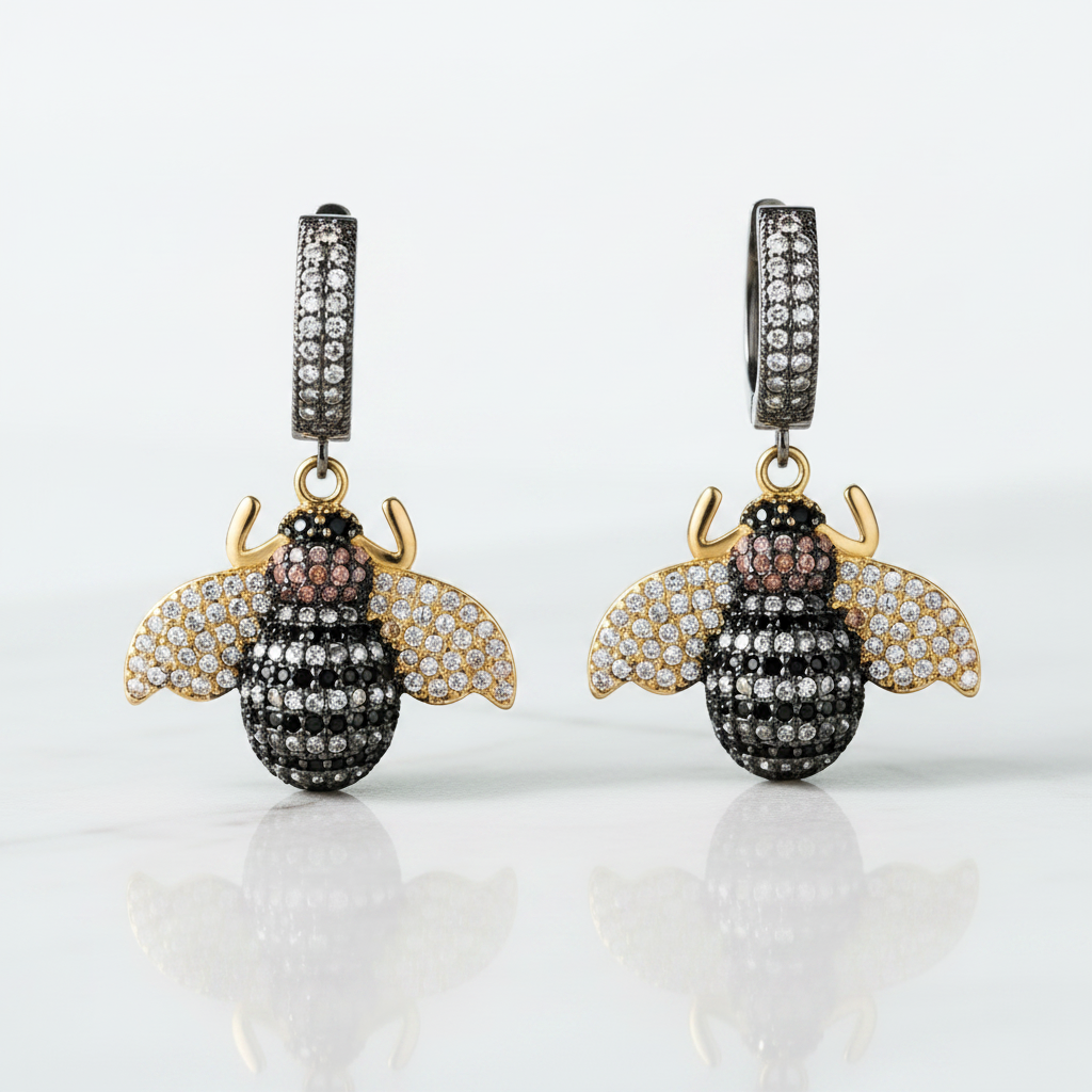 Micro Pave Diamond Option Golden Bee Dangle Earrings