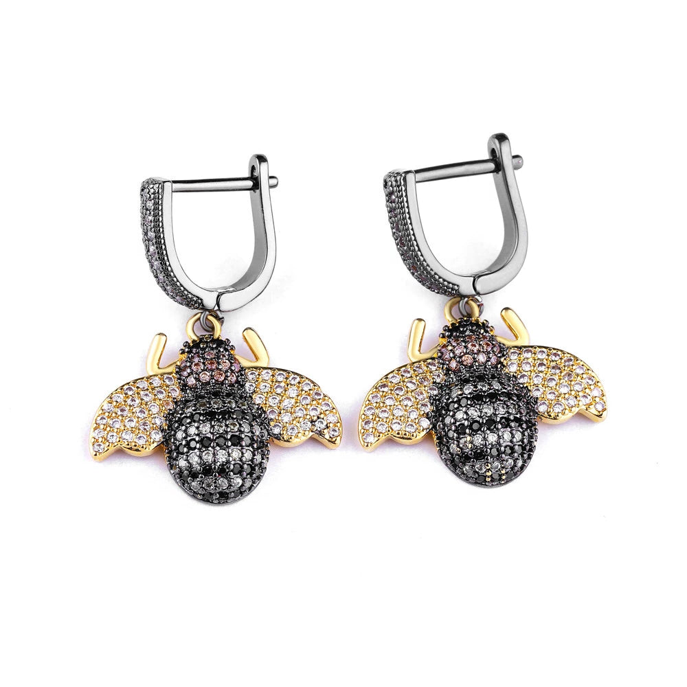 Micro Pave Diamond Golden Bee Dangle Earrings-Evani Naomi Jewelry