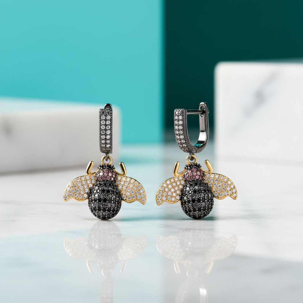 Micro Pave Diamond Golden Bee Dangle Earrings-Evani Jewelry