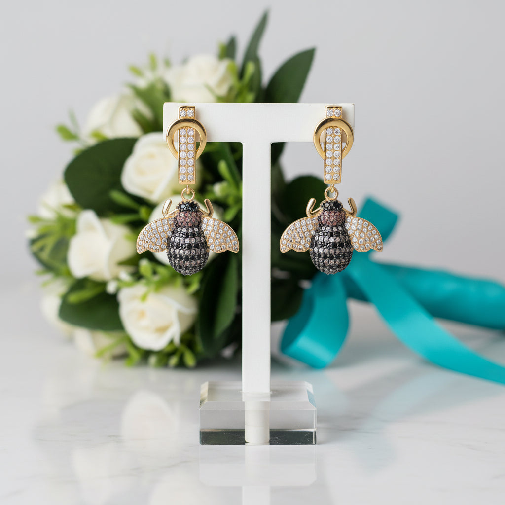 Micro Pave Diamond Golden Bee Dangle Earrings-Evani Jewelry