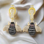 Micro Pave Diamond Golden Bee Dangle Earrings-Evani Naomi Jewelry