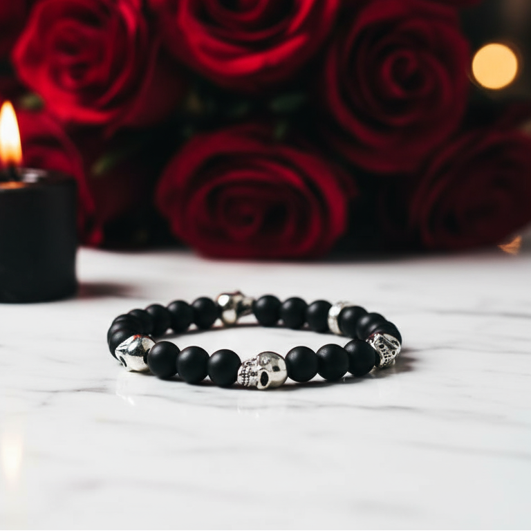 Miniature Skulls and Black Beads Punk Bracelet-Evani Jewelry