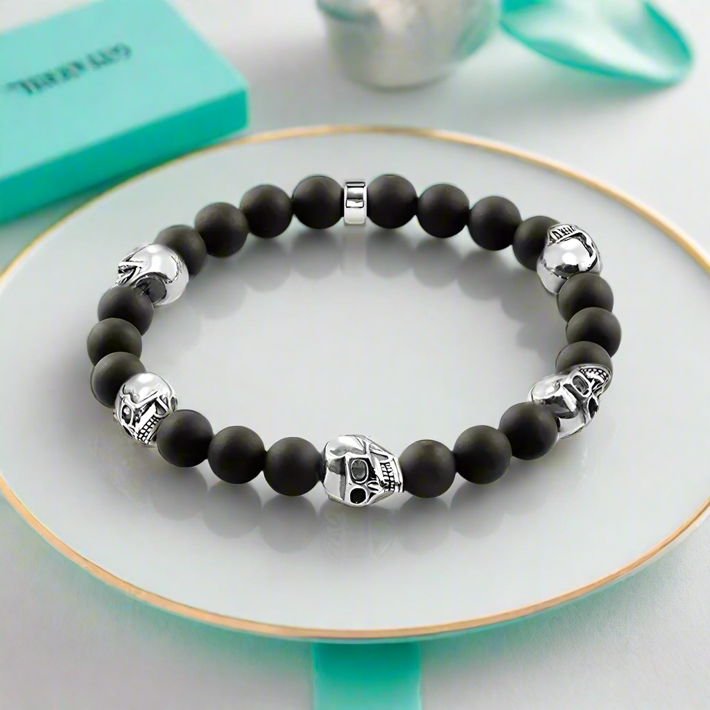 Miniature Skulls and Black Beads Punk Bracelet-Evani Naomi Jewelry
